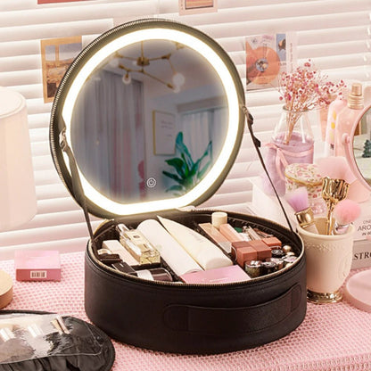 Round Smart LED Makeup Case with Lighted Mirror - Women Beauty Bag Large Capacity PU Leather Travel Organizers Cosmetic Case