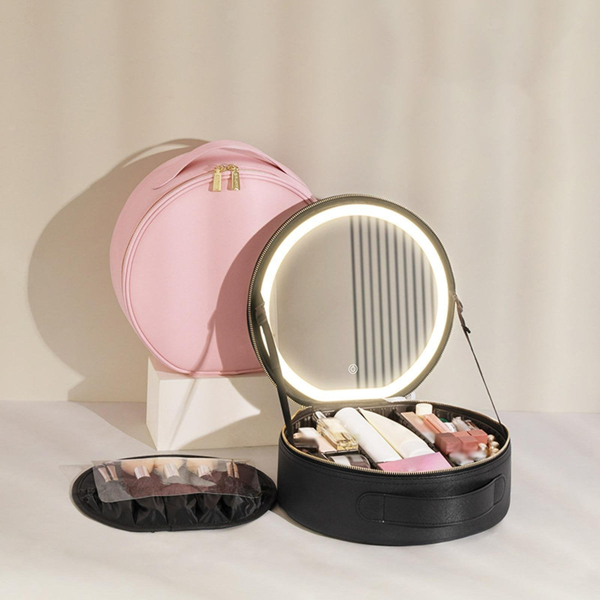 Round Smart LED Makeup Case with Lighted Mirror - Women Beauty Bag Large Capacity PU Leather Travel Organizers Cosmetic Case