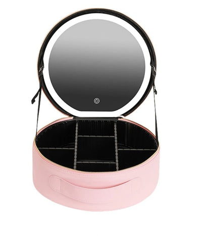 Round Smart LED Makeup Case with Lighted Mirror - Women Beauty Bag Large Capacity PU Leather Travel Organizers Cosmetic Case