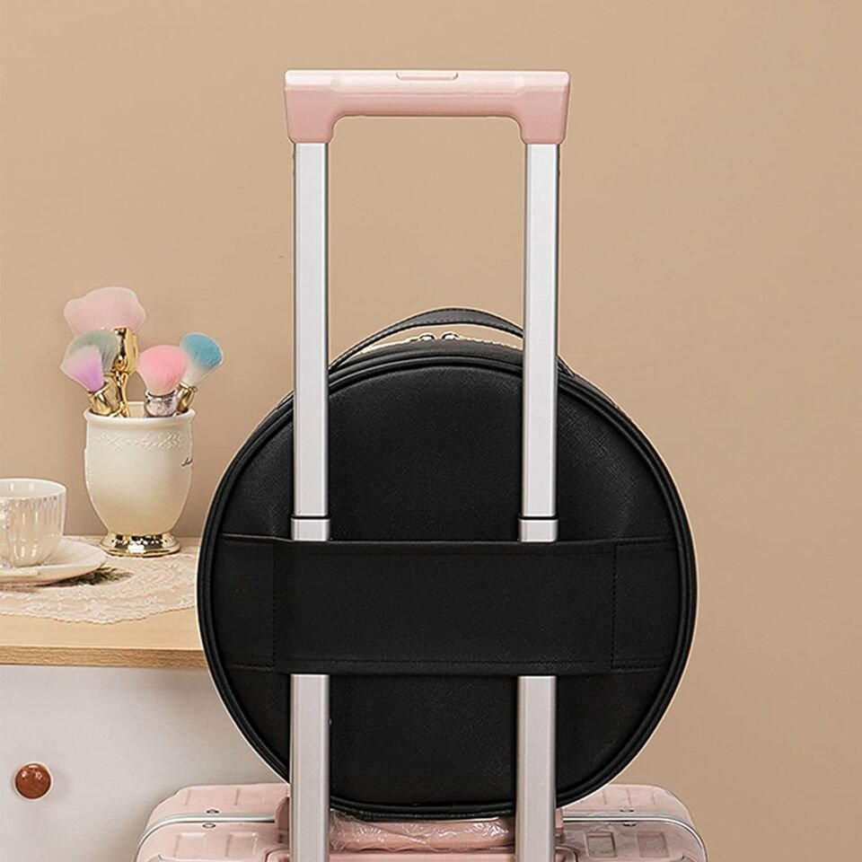Round Smart LED Makeup Case with Lighted Mirror - Women Beauty Bag Large Capacity PU Leather Travel Organizers Cosmetic Case