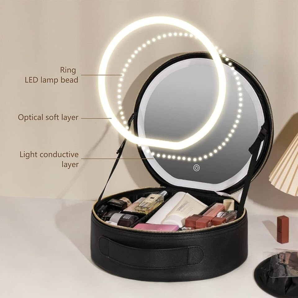 Round Smart LED Makeup Case with Lighted Mirror - Women Beauty Bag Large Capacity PU Leather Travel Organizers Cosmetic Case
