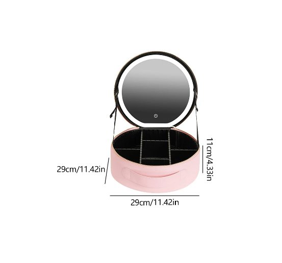 Round Smart LED Makeup Case with Lighted Mirror - Women Beauty Bag Large Capacity PU Leather Travel Organizers Cosmetic Case