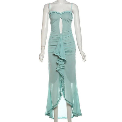 Ruffle Cut Out Maxi Dress - Women Spaghetti Strap Sweetheart Neck Cut Out Ruffle Maxi Dress