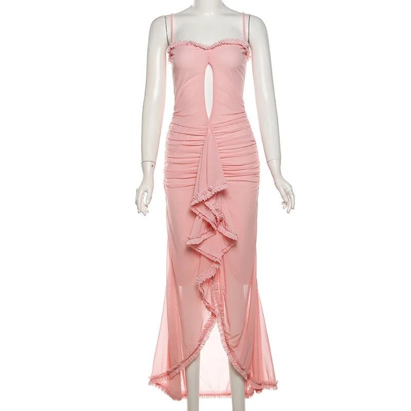 Ruffle Cut Out Maxi Dress - Women Spaghetti Strap Sweetheart Neck Cut Out Ruffle Maxi Dress