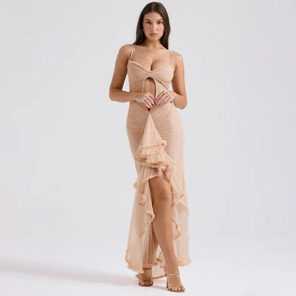 Ruffle Cut Out Maxi Dress - Women Spaghetti Strap Sweetheart Neck Cut Out Ruffle Maxi Dress