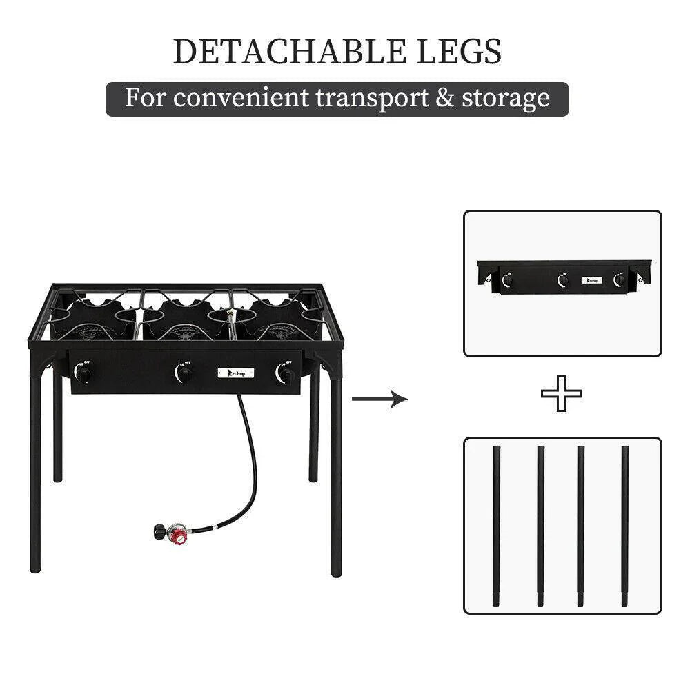 Outdoor Camping Stove Grill: Portable Propane 3-Burner Cooker (225,000 BTU)