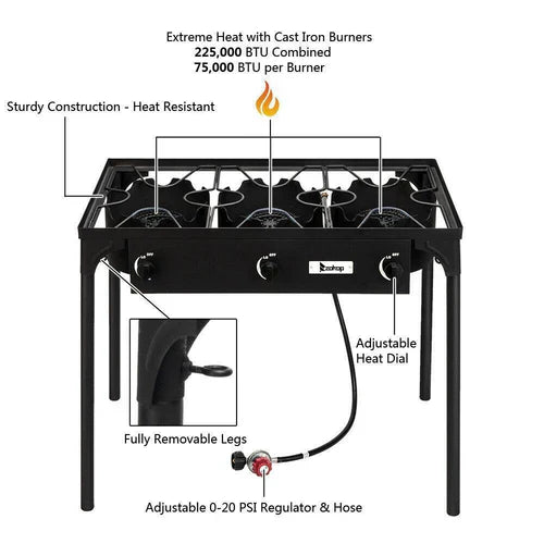 Outdoor Camping Stove Grill: Portable Propane 3-Burner Cooker (225,000 BTU)