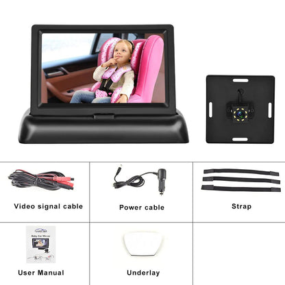 Safe Drive Baby Car Mirror with Night Vision - Foldable Rearview Reverse Parking Monitor