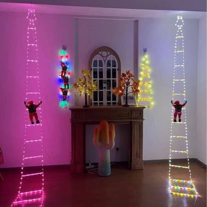 Santa Claus Climbing Ladder with LED String Lights – Festive Christmas Decor for Home, Window & Tree