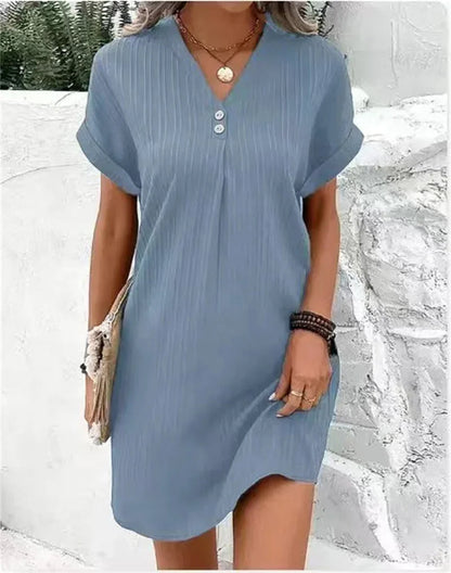 Fashion V-Neck Mini Summer Dress – Short Sleeves, Solid Color, Button Detail for Casual Elegance and Fresh Style
