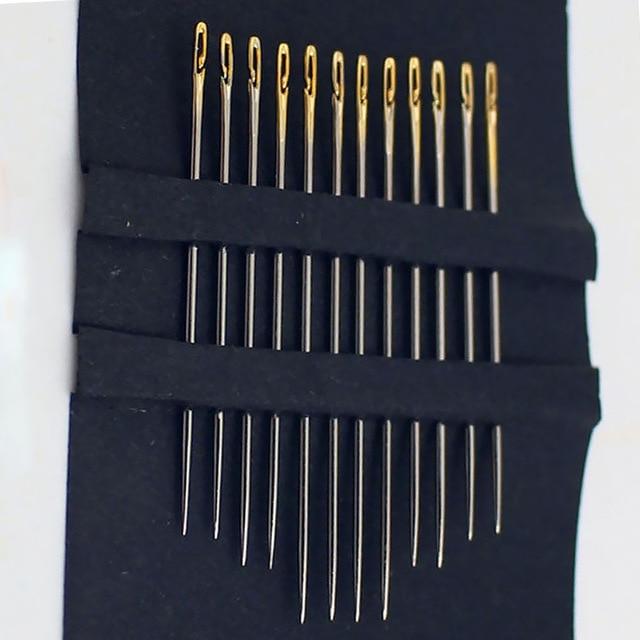 Self-Threading Needles - 12 Slit-Eye Hand Sewing Needles, Gold-Eye or Silver, Optional Wooden Case