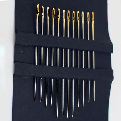 Self-Threading Needles - 12 Slit-Eye Hand Sewing Needles, Gold-Eye or Silver, Optional Wooden Case