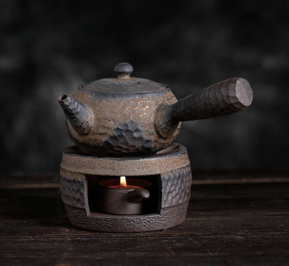 Ceramic Tea Stove & Teapot Warmer Set – Hammered Stoneware, Tea-Light Heated