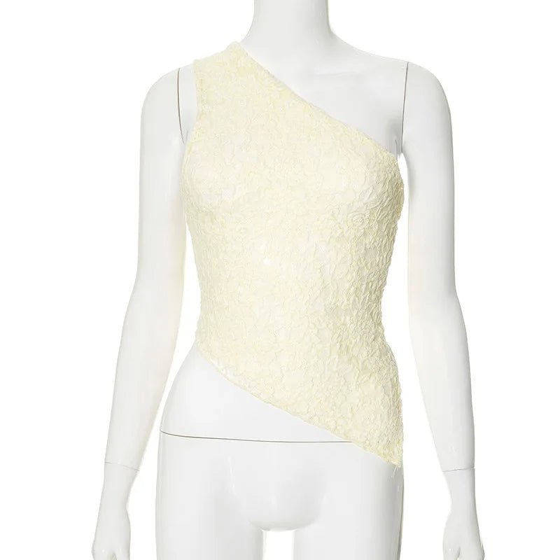 Sexy Lace One-Shoulder Women Crop Top – Off-Shoulder Elegance with Irregular Hem, Sheer Sleeveless Design, and Backless Glamour