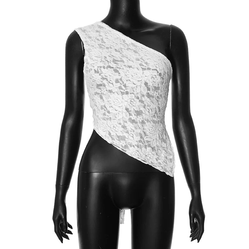 Sexy Lace One-Shoulder Women Crop Top – Off-Shoulder Elegance with Irregular Hem, Sheer Sleeveless Design, and Backless Glamour