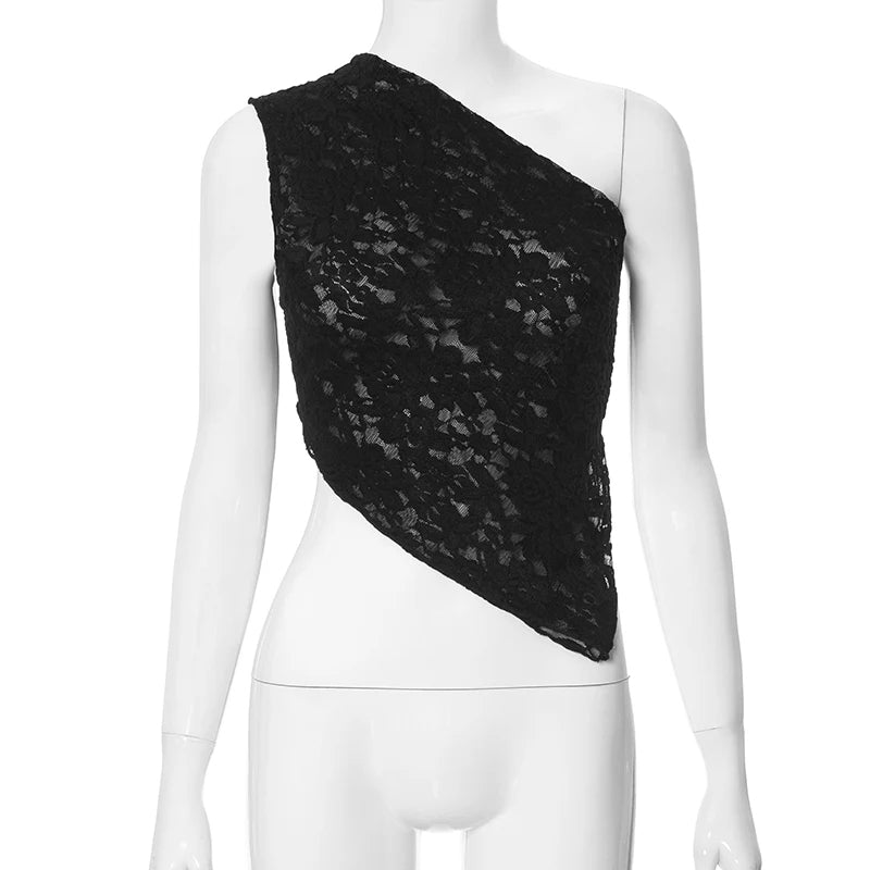 Sexy Lace One-Shoulder Women Crop Top – Off-Shoulder Elegance with Irregular Hem, Sheer Sleeveless Design, and Backless Glamour