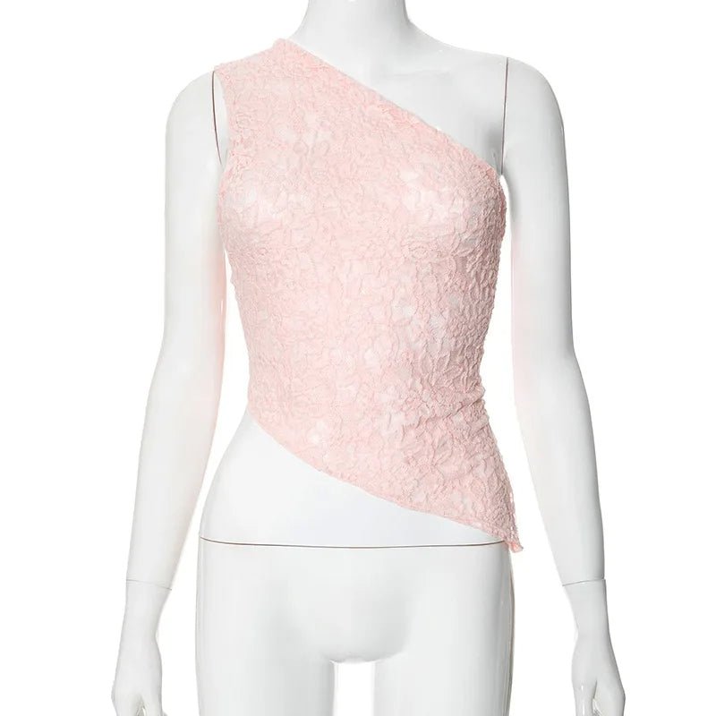 Sexy Lace One-Shoulder Women Crop Top – Off-Shoulder Elegance with Irregular Hem, Sheer Sleeveless Design, and Backless Glamour