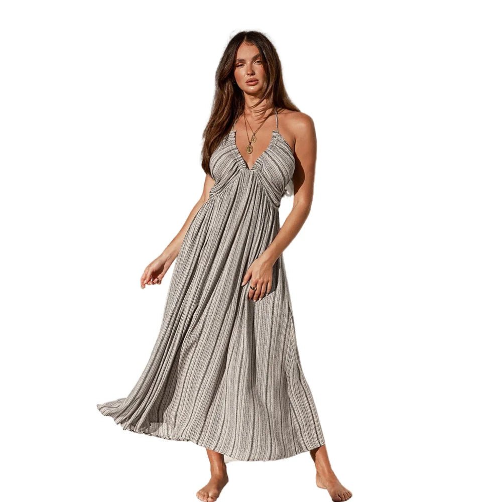 Sexy Plunge Halter Neck Maxi Bohemian Beach Dress – Backless Sleeveless Bikini Cover-Up for Summer