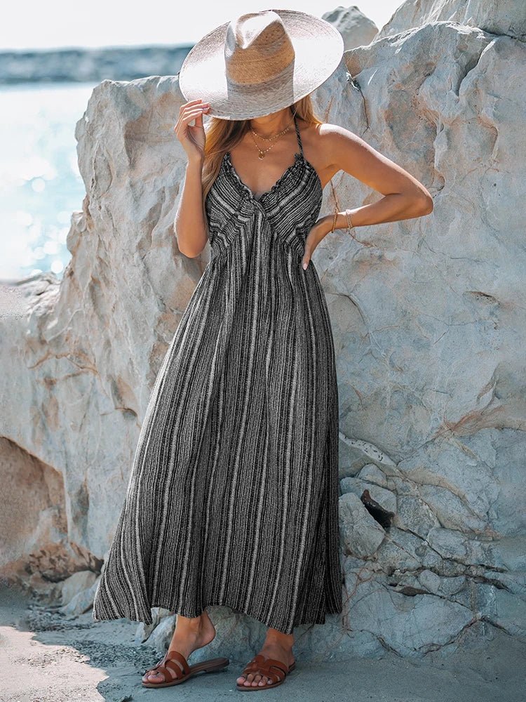 Sexy Plunge Halter Neck Maxi Bohemian Beach Dress – Backless Sleeveless Bikini Cover-Up for Summer