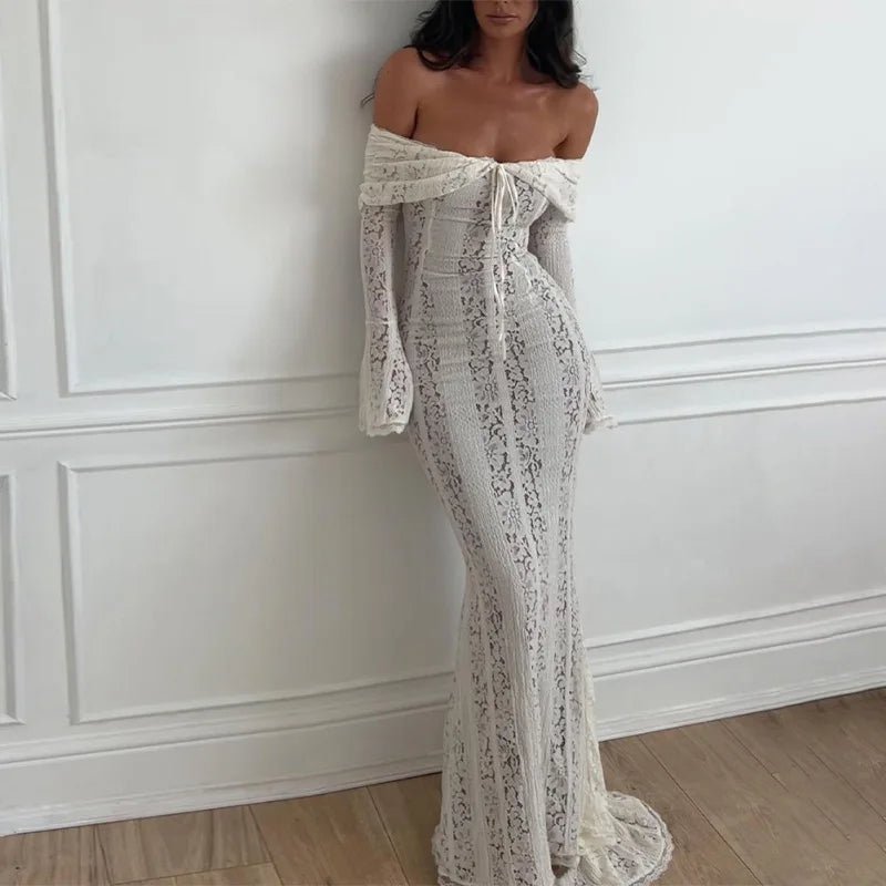 Shoulder Bodycon Lace Fishtail Dress – Sexy Off-Shoulder Backless Gown with Flare Sleeves for Chic Parties