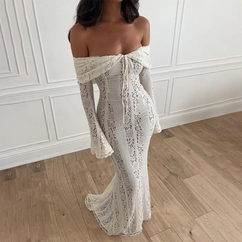 Shoulder Bodycon Lace Fishtail Dress – Sexy Off-Shoulder Backless Gown with Flare Sleeves for Chic Parties