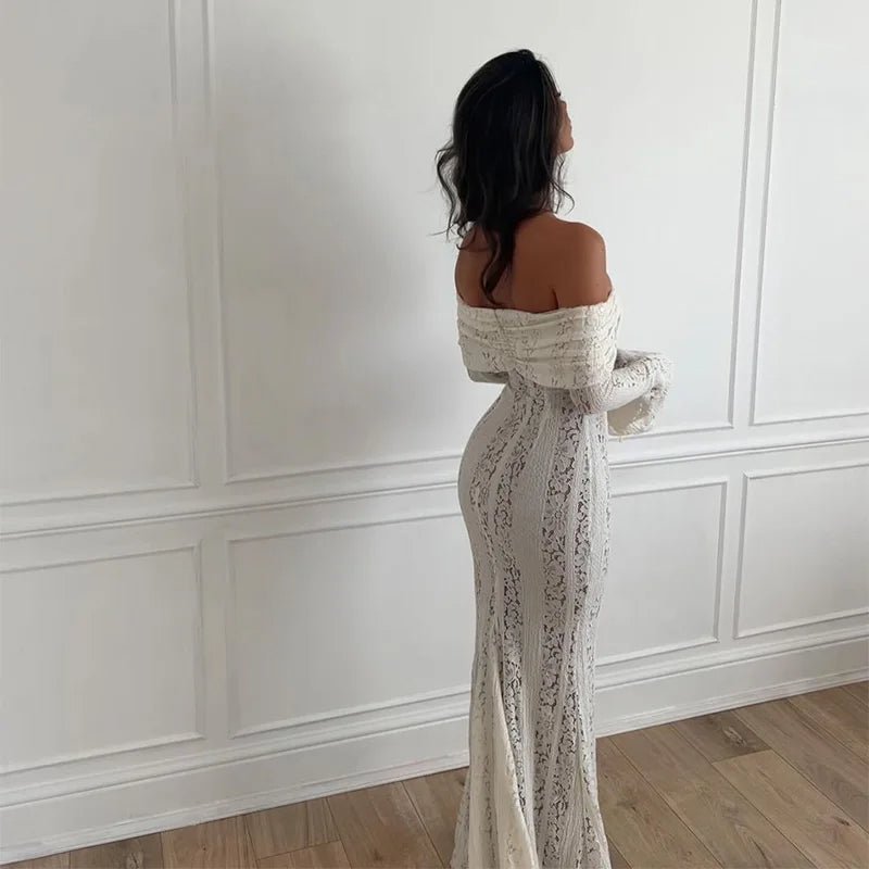 Shoulder Bodycon Lace Fishtail Dress – Sexy Off-Shoulder Backless Gown with Flare Sleeves for Chic Parties