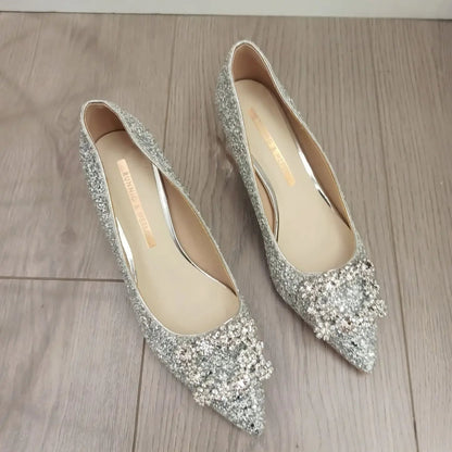 Rhinestone Wedding Shoes – Glitter Block Heel Pumps with Crystal Bow Buckle for Weddings and Parties