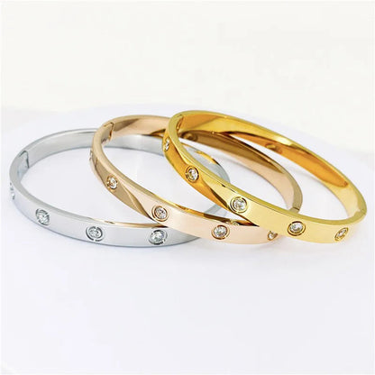Zircon Cross Nut Nail Bracelet - Gold Screw-Style Stainless Steel Bangle for Edgy Glam