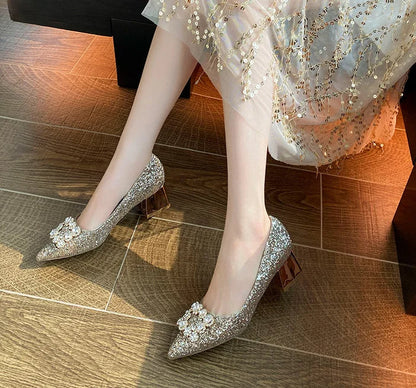 Rhinestone Wedding Shoes – Glitter Block Heel Pumps with Crystal Bow Buckle for Weddings and Parties