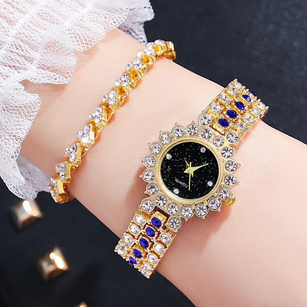 Multicolor Temperament Women's Fashion Crystal Watch Set – Elegant Rhinestone Alloy Wristwatch for Women