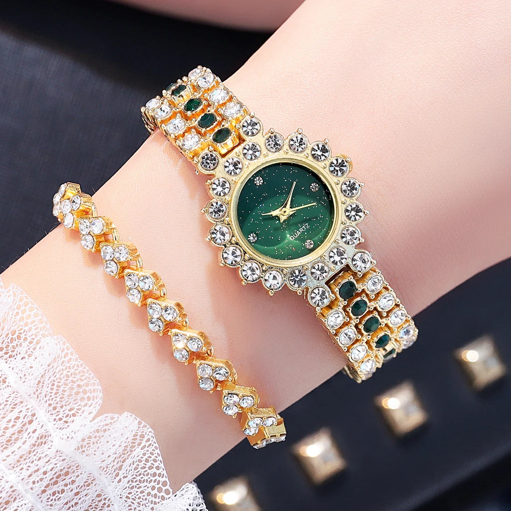 Multicolor Temperament Women's Fashion Crystal Watch Set – Elegant Rhinestone Alloy Wristwatch for Women