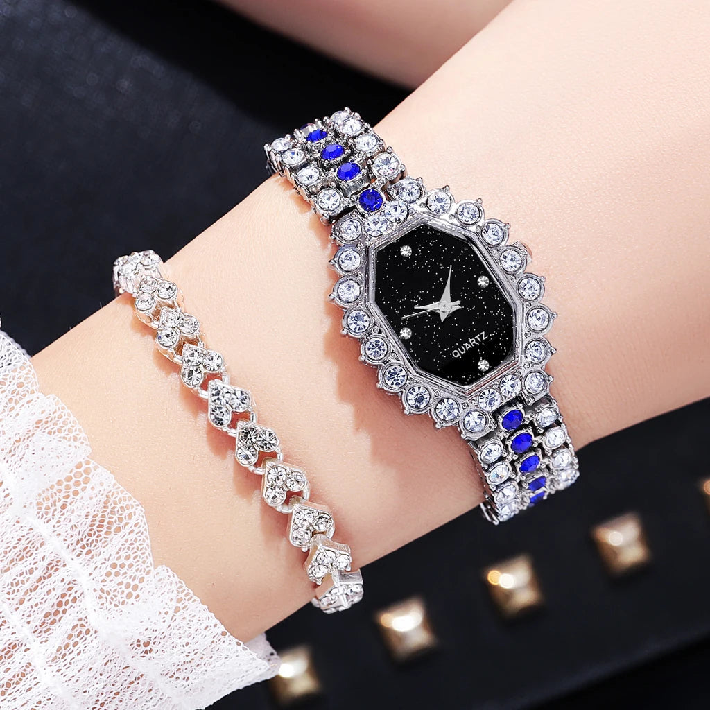 Multicolor Temperament Women's Fashion Crystal Watch Set – Elegant Rhinestone Alloy Wristwatch for Women