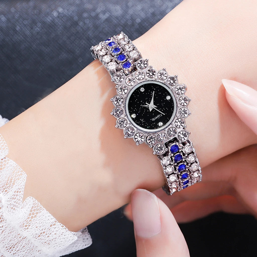 Multicolor Temperament Women's Fashion Crystal Watch Set – Elegant Rhinestone Alloy Wristwatch for Women