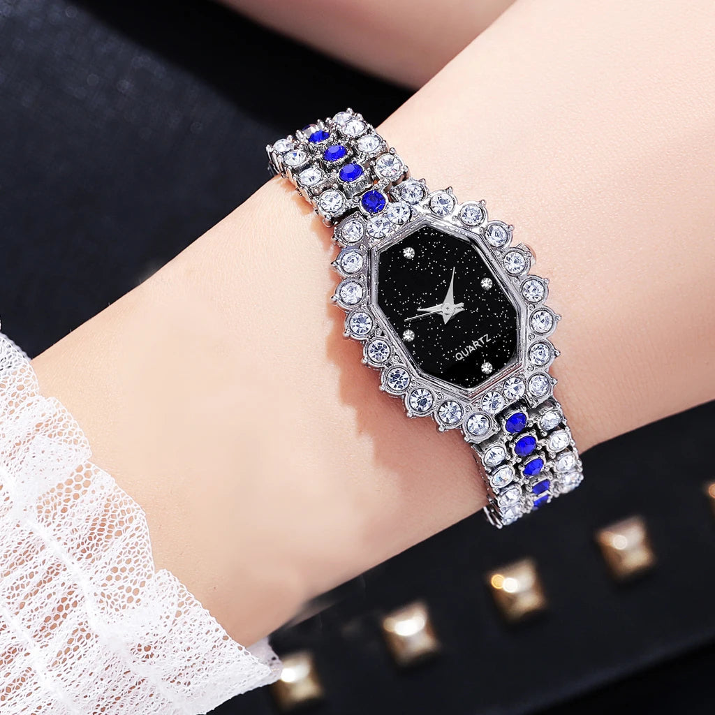Multicolor Temperament Women's Fashion Crystal Watch Set – Elegant Rhinestone Alloy Wristwatch for Women