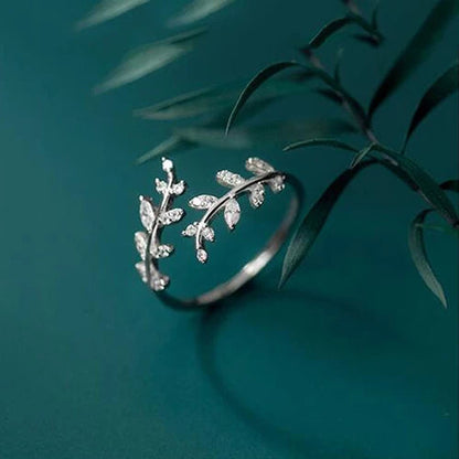 Adjustable Sterling Silver Branch Leaf Ring – Zircon Accents, Minimalist Chic Fine Jewelry for Fashion-Forward Women