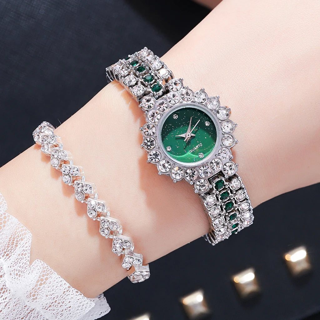 Multicolor Temperament Women's Fashion Crystal Watch Set – Elegant Rhinestone Alloy Wristwatch for Women