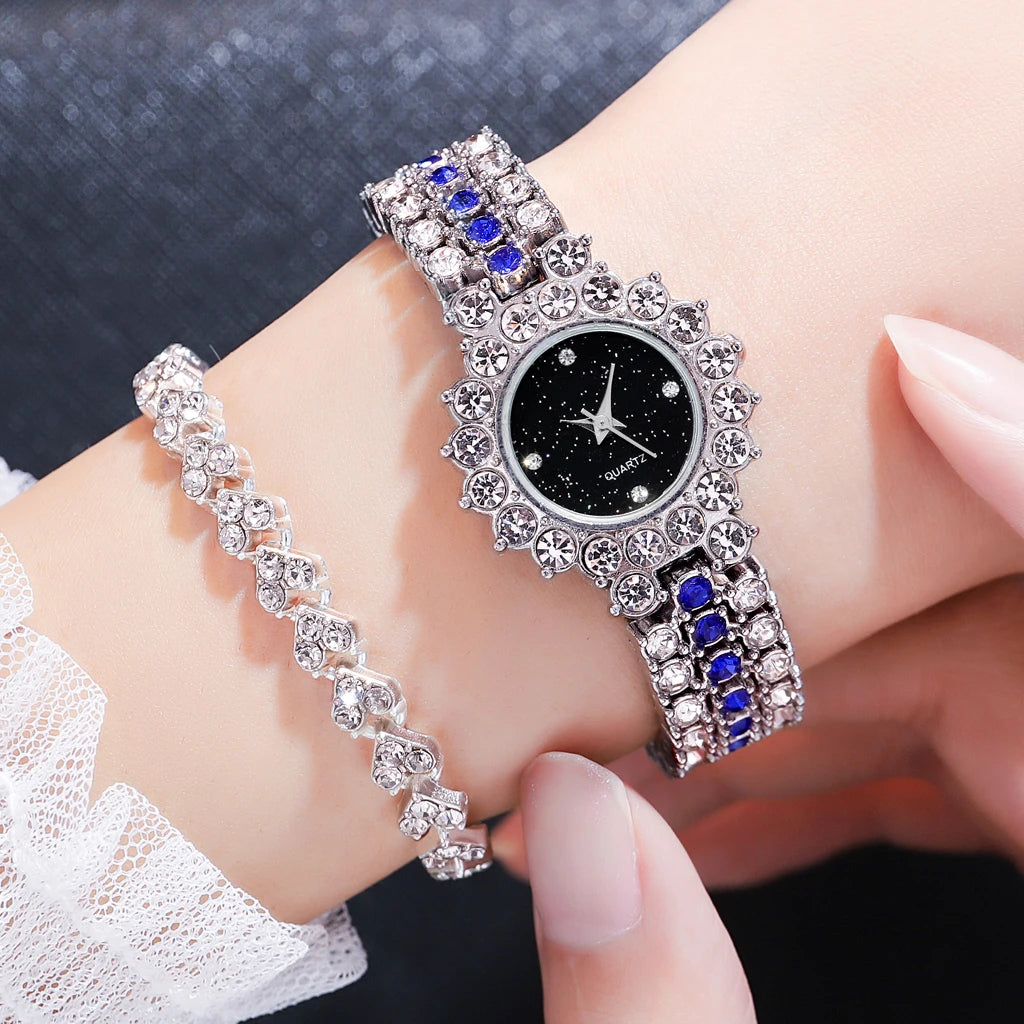 Multicolor Temperament Women's Fashion Crystal Watch Set – Elegant Rhinestone Alloy Wristwatch for Women
