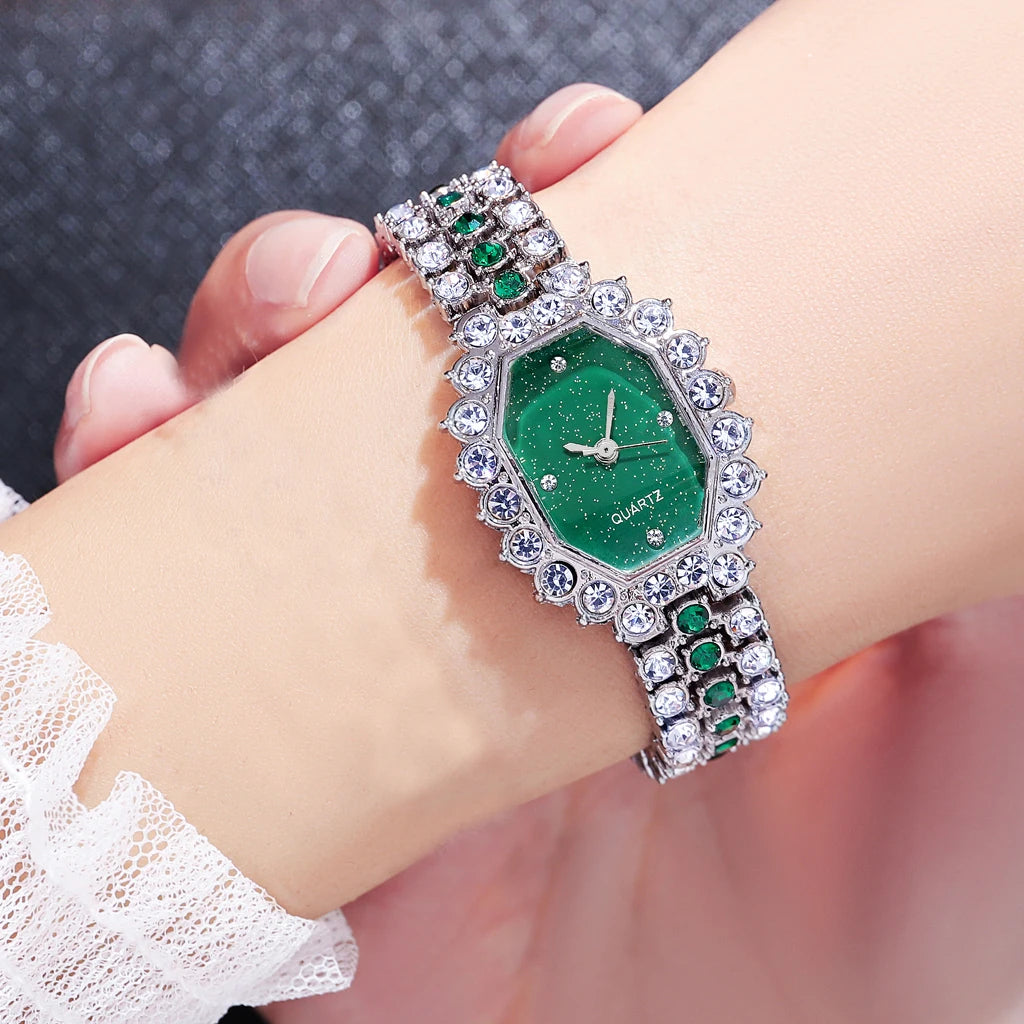 Multicolor Temperament Women's Fashion Crystal Watch Set – Elegant Rhinestone Alloy Wristwatch for Women
