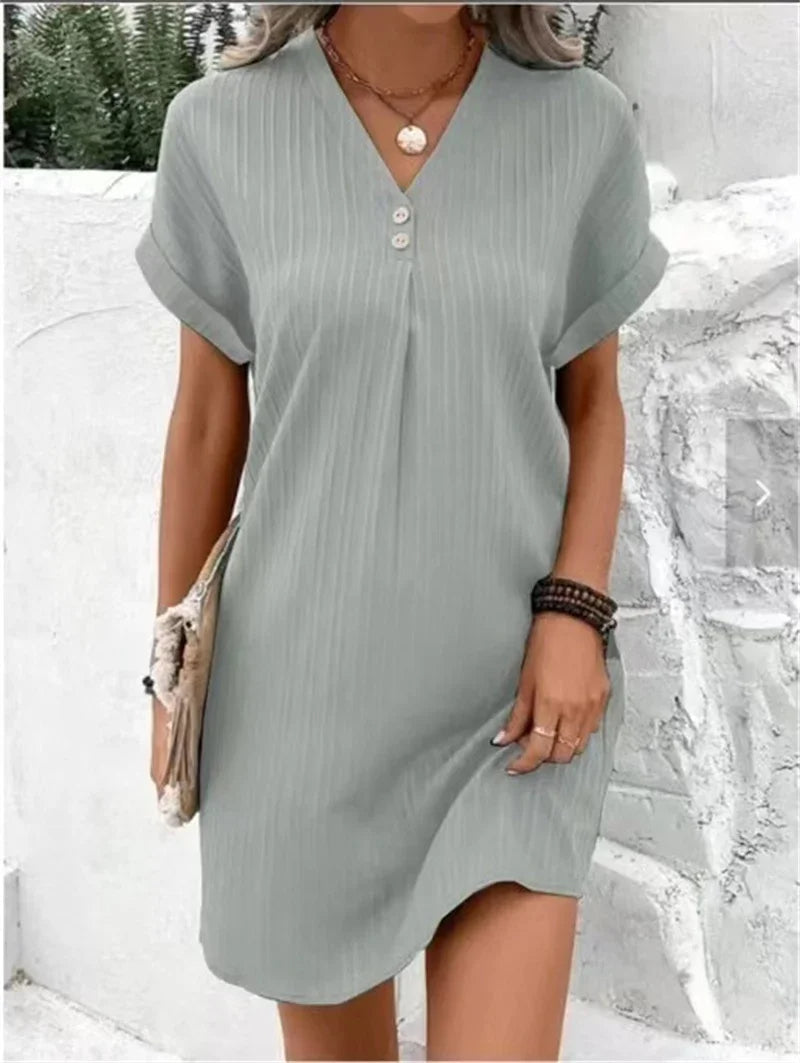 Fashion V-Neck Mini Summer Dress – Short Sleeves, Solid Color, Button Detail for Casual Elegance and Fresh Style