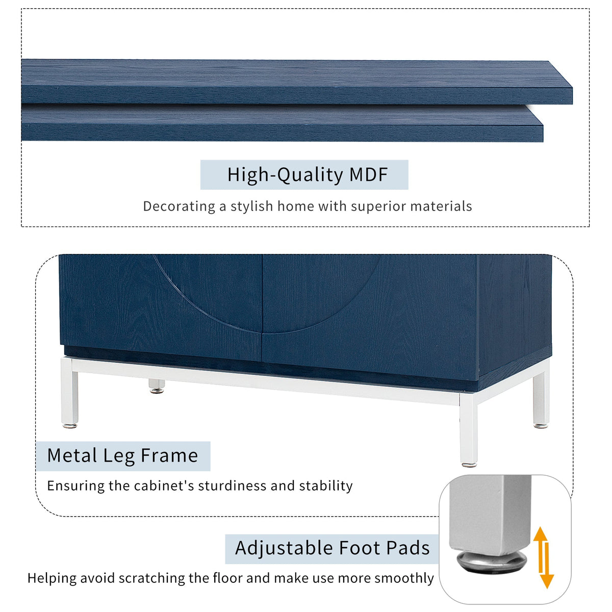 Simple Storage Cabinet with Solid Wood Veneer and Metal Leg Frame for Living Room, Entryway, Dining Room (Navy)