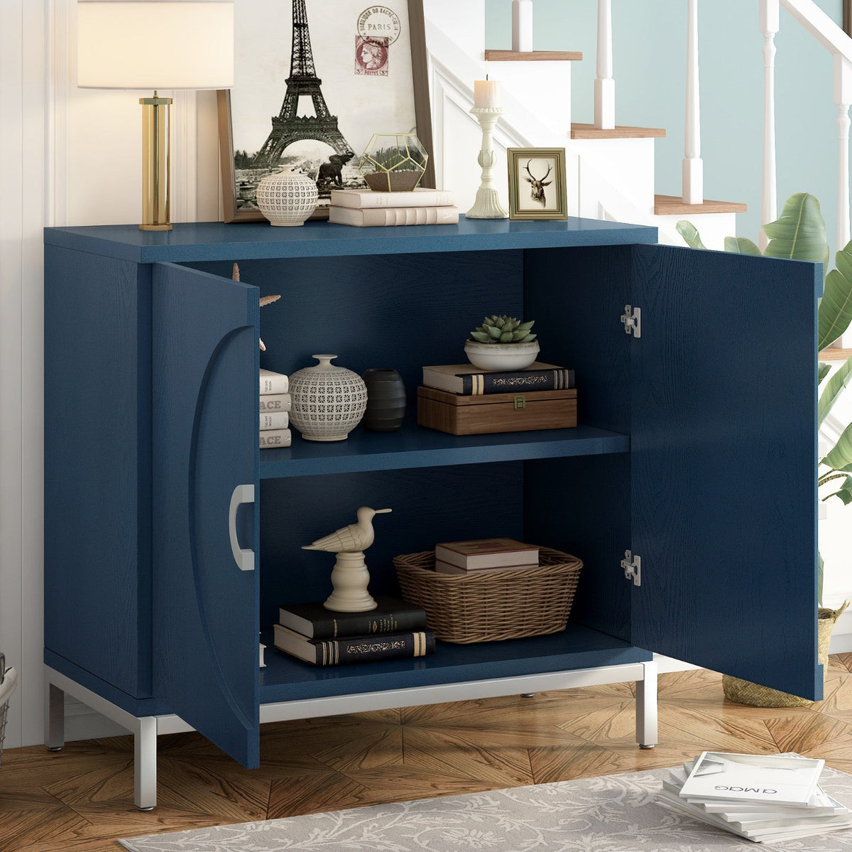 Simple Storage Cabinet with Solid Wood Veneer and Metal Leg Frame for Living Room, Entryway, Dining Room (Navy)