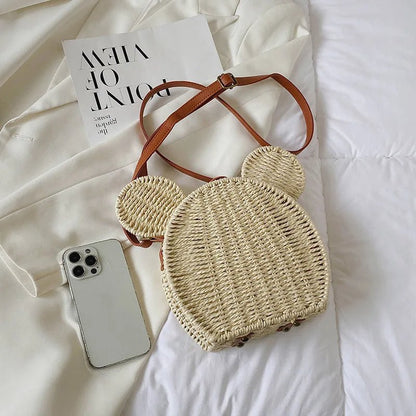 Small Round Rattan Mickey Shoulder Bag- Cute Mickey Handbag for Travel & Beach Vacations