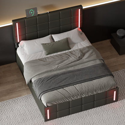 Smart Charge LED Bed - Full Size Upholstered Bed with LED Lights Hydraulic Storage System and USB Charging Station, Black