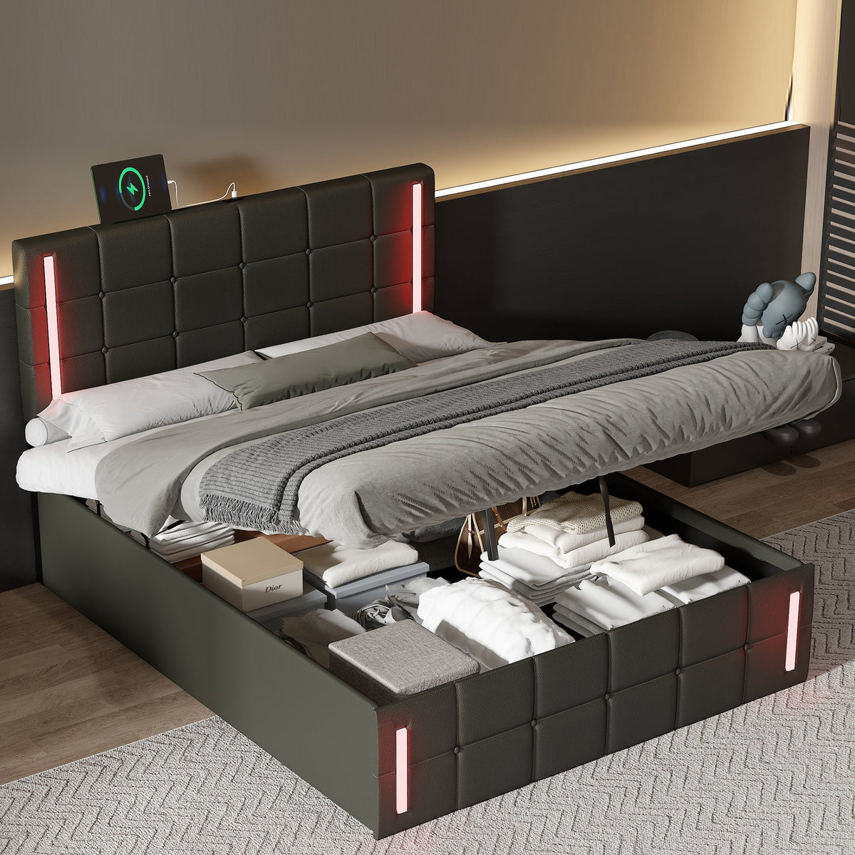 Smart Charge LED Bed - Full Size Upholstered Bed with LED Lights Hydraulic Storage System and USB Charging Station, Black