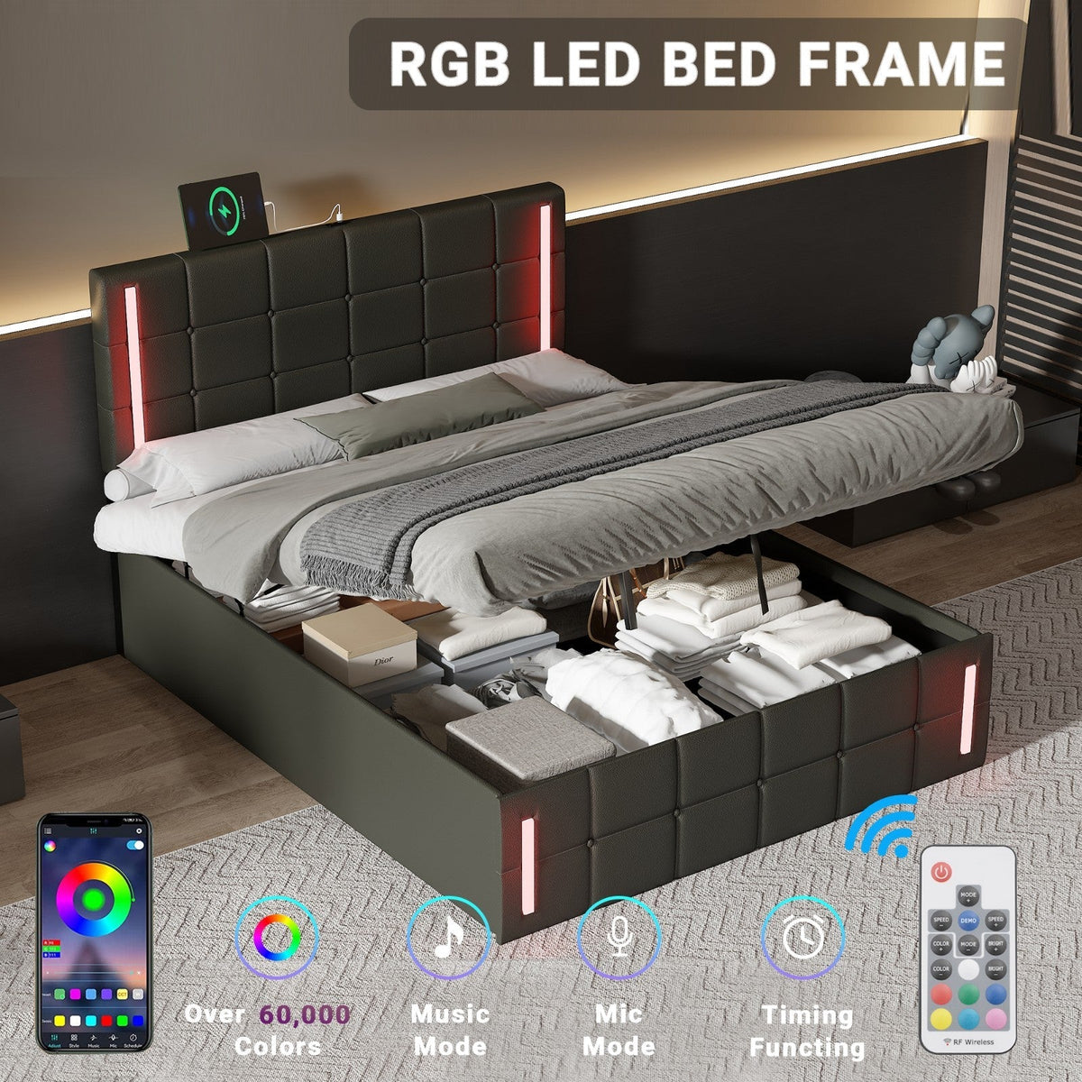 Smart Charge LED Bed - Full Size Upholstered Bed with LED Lights Hydraulic Storage System and USB Charging Station, Black