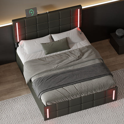 Smart Charge LED Bed - Full Size Upholstered Bed with LED Lights Hydraulic Storage System and USB Charging Station, Black