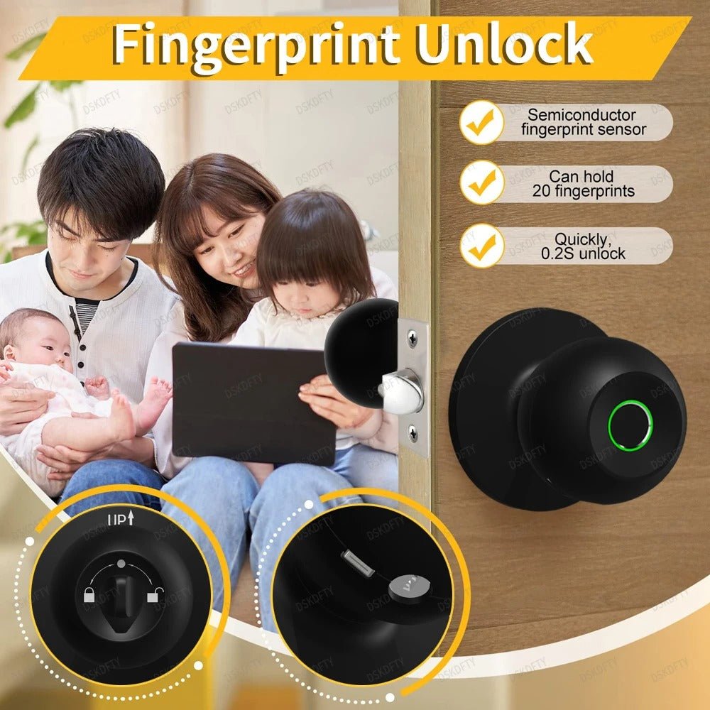 Smart Fingerprint Door Knob Lock - Keyless Thumbprint Entry Biometric Door Lock for Bedroom, Front Door, Home, Apartment Office and Garages