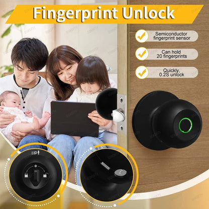 Smart Fingerprint Door Knob Lock - Keyless Thumbprint Entry Biometric Door Lock for Bedroom, Front Door, Home, Apartment Office and Garages