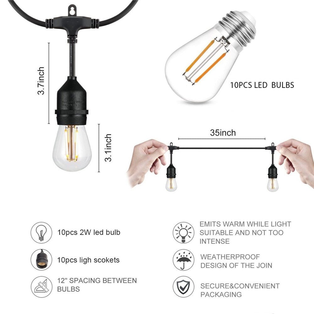 Solar Garden Festoon Light Pack - 10m/20m/30m Waterproof LED String Lights with S14 Bulb