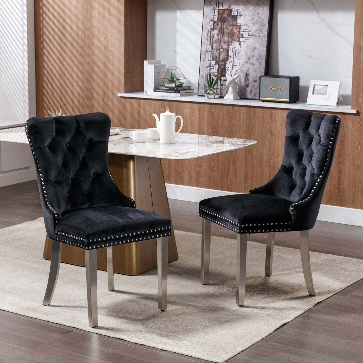 Solid Wood Dining Chair with Velvet Cushion and Chrome-Plated Stainless Steel Nail Legs, 2pcs Set